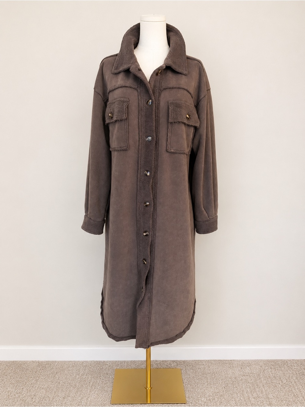 Easel Los Angeles Brown Sherpa Longline Shacket Coat Oversized M